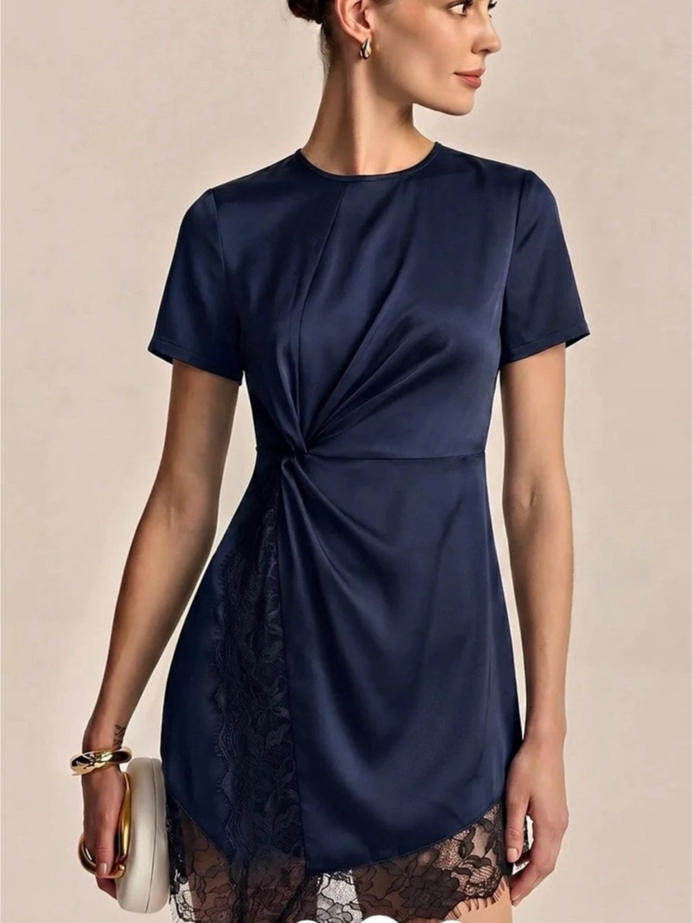 Commense Short Sleeve Twist Waist Lace Hem Mini Dress Navy XL